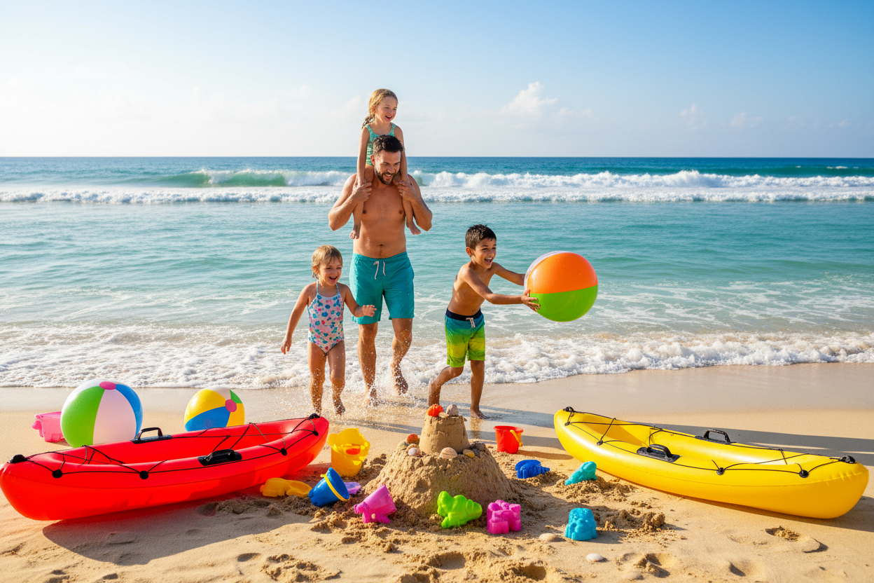 A man Having fun with his Kids on Beach with good beach  toys like kayak etc.. 